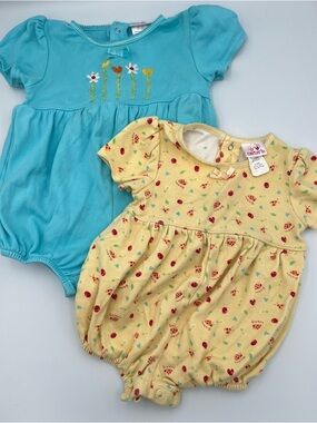 Vintage (2) Carters 2000s Y2K Girl Summer Yellow Teal Bubble Rompers 9-12 Mo